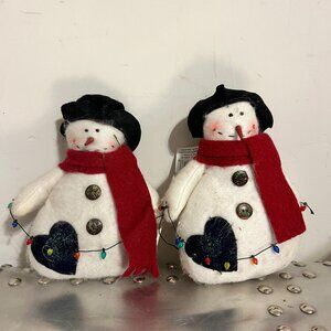 Set of 2 Plush Snowman Snowmen With Scarves, Hatas, String Lights, and Heart